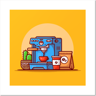 Coffee Machine Espresso, Mugs, Cup And Coffee Pack Cartoon Vector Icon Illustration Posters and Art